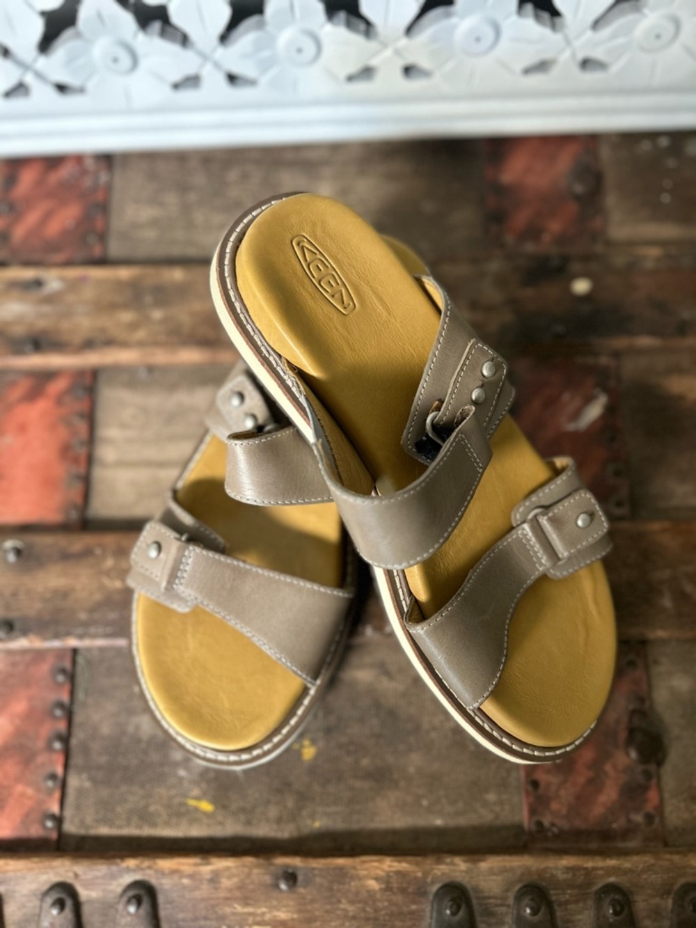 Keen Taupe Strap Slide Sandals with Mustard Footbed Leather